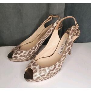 $695 JIMMY CHOO Nova Gold Leopard Shimmer Slingback Open Toe 4" Heels EU 37 US 7